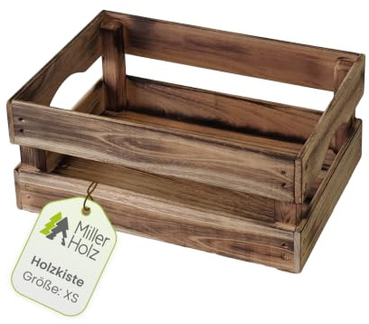 Miller Holz Stapelbare Holzkisten - Vielseitige Aufbewahrung - Nachhaltig, handgefertigt, robust - Für Innen & Außen - Obstkiste, Dekokiste, Kartoffelkiste (Geflammt, XS)