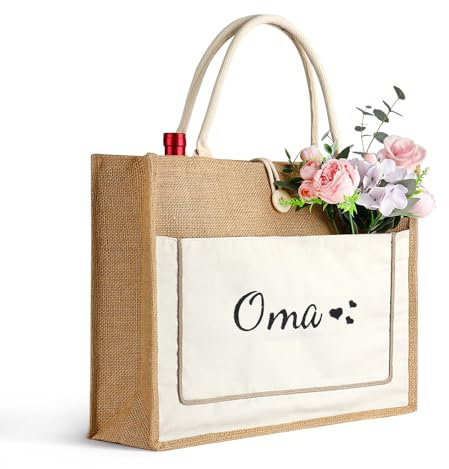 Jute-Tasche Oma Geschenk,Größe L Jute Shopper Bag mit Herz Jute Einkaufstasche Personalisiert Jutebeutel Mit Schnalle als Geburtstagsgeschenk, Geschenk für Mutter zum Geburtstag, Weihnachten (Oma)