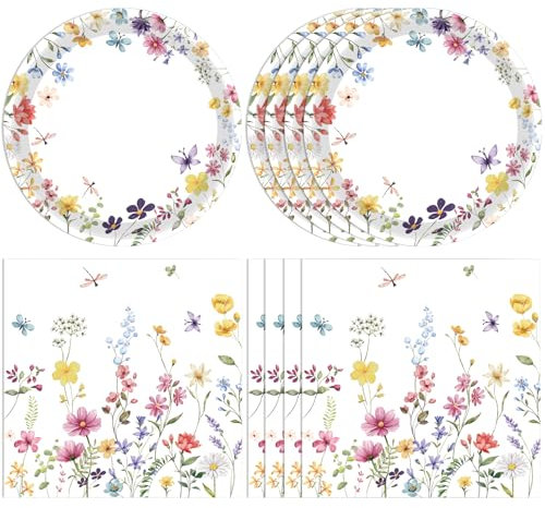 40Pcs Wildflower Paper Plates-Spring Wildflower Disposable Dinnerware Set Floral Party Supplies for Baby Shower Wedding and Boys Girls’Birthday Parties
