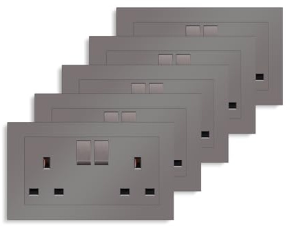 5 Pack CNBINGO Double Switched Socket, Grey Electric Power Socket | PC Wall Plate, 13 Amp Outlet, AC 230V