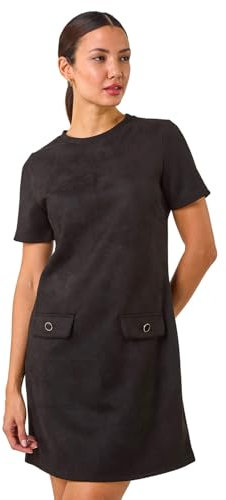 Roman Originals Suedette Button Shift Stretch Dress for Women UK - Ladies Everyday Autumn Winter Round Neckline Comfy Soft Evening Vacation Work Party Night Out - Black - Size 18
