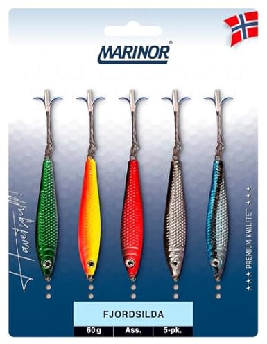 MARINOR Fjordsilda Pilker-Set, 5 Stück, 18g bis 60g, Klassische Heringsform mit Drillingshaken, Küstenblinker, Meeresköder (40g)
