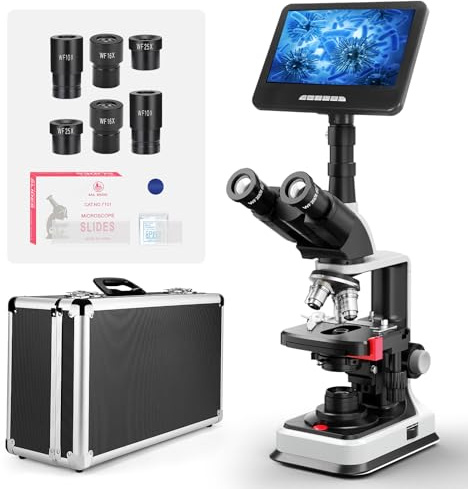 [Monitor Inteligente 24MP] Microscopios Compuestos Trinoculares Vabiooth Lab 40X-2500X con Monitor 7, Software Gratuito Captura de Imágenes y Video con Un Clic, Medición de Longitudes