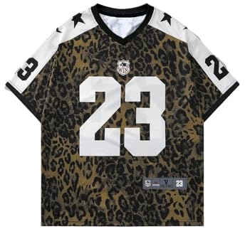 GORGLITTER Men's Leopard Number Graphic Jersey Shirts Colorblock V Neck Short Sleeve Y2k Sports Tee Tops Brown Medium