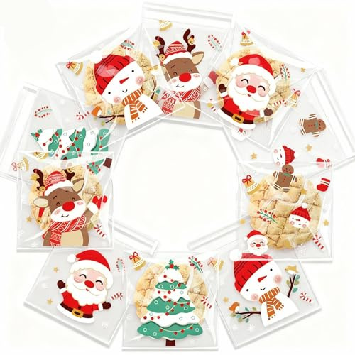 100 Stk Transparente selbstklebende Weihnachts-Cellophantüten 10x10cm – Süßigkeitenbeutel für Kekse, Schokolade & Geschenke