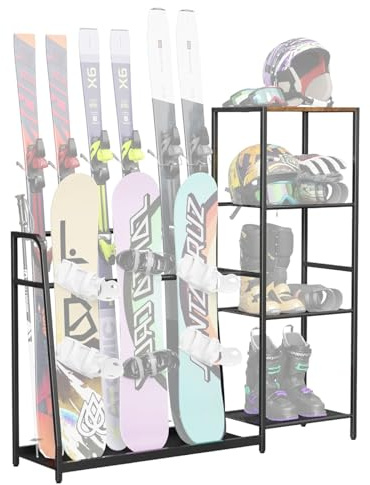 XQZMD Freistehender Skiständer, Ski-Aufbewahrungsregal für Garage oder Zuhause, Bodenständer Ski-Halter, Skiaufbewahrung für 4 Paar Ski, 3 Snowboard, Schuhe, Stöcke, Schutzbrille und Helm