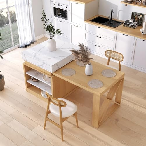 Homary Ausziehbarer Kücheninsel Weiß und Natur mit Aufbewahrungs-Küchenschrank, Umwandelbarer Esstisch für Küche und Esszimmer, 185-235cm x 90cm x 93cm