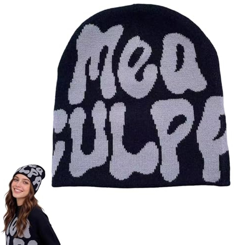 Y2k Beanie Mütze,Slouchy Beanies Mode,Winter Warme Strickmützen mit Buchstabendruck,Haube,Wintermütze,Knitted Hat,Schwarz mit Weißer Schrift Cap,Coole,für Herbst,Alltagsgebrauch,Streetwear & Hip Hop