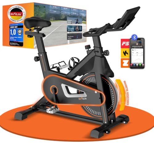 DH FitLife Cyclette Magnetica da Casa | Spin Bike con APP & Sensore Cardio | Resistenza Magnetica Silenziosa | Freno di Emergenza | Manubrio & Sella Regolabili | Utenti 150–195 cm | Portata 120 kg