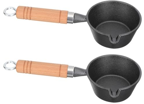 JOINPAYA 2pcs Mini Cast Iron Saucepan with Spout Small Cooking Pot 11cm Diameter 5cm Height with Wood Handle for Kitchen Oil Pouring and Milk Warming