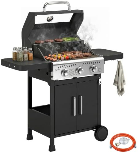 Outsunny Barbacoa de Gas BBQ Gas Portátil 3 Quemadores 7,5 kW Termómetro | Mesas Laterales Plegables, Rejilla Calentadora, Parrilla Plancha, Tapa con Ventana, Recogedor y Recipiente Grasa