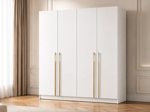 Distro Direct Furniture (DDF) Sienna Luxury Laminated Wardrobe, White, Freestanding Hinged Door Bedroom Closet, Modern Armoire (White, 200cm (4-Door))