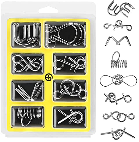 Holzsammlung Set of 8 Brain Teaser Metal Wire Puzzles, Classical Mini Metal Puzzles Set, Mind Game IQ Challenge Puzzle Games IQ Test Toy Knots Lock Puzzle Gift for Adults Teenagers Kids