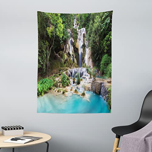 ABAKUHAUS Wasserfall Wandteppich, Wasserfall in Ecke des Sees in Laos umgeben von den vietnamesischen Bäumen, aus Weiches Mikrofaser Stoff Wand Dekoration Für Schlafzimmer, 110 x 150 cm, Blau und Grün