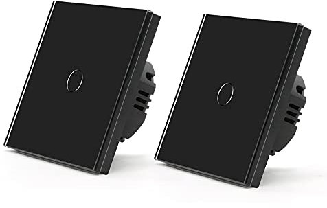 BSEED 1 Gang 1 Voie Interrupteur Général à Commande Tactile, Interrupteur Mural à Commande Tactile Avec Indicateur LED et Panneau en Verre 110V-240V Noir, 2 Paquets