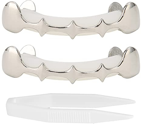 Halloween Hip Hop Zähne, Plattiert Joker Gold Grillz für Mund Oben Unten Hip Hop Zähne Grills, Falsche Zähne Obere Zähne Dekoration für Männer Frauen, Rapper Kostüm Cosplay Party Zubehör(Silber)