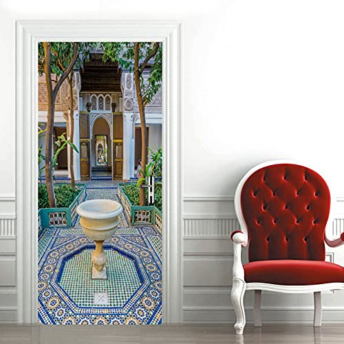 A.Monamour Türtapete Selbstklebend Türfolie Türposter 3D Garten Von Marrakesch Bahia Palast In Marrakesch Marokko Vinyl Folie Türdeko Tapete Wandbild Türaufkleber Türtattoo 77 x 200 cm
