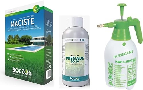 Maciste, Sementi per tappeto erboso ideale per zone aride 1Kg (40mq) + Concime Liquido Pregade 1kg attivatore dei meccanismi naturali di difesa delle piante ,Bottos con Pompa Nebulizzatore da 2L