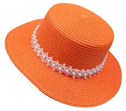JK Home Pliable Chapeau de Soleil Femme Panama en Paille Capeline Large Bord avec Ruban Mariage Plage Orange