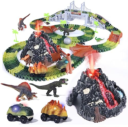 Dinosaurier Autorennbahn Vulkan Dino Spielzeug ab 3 4 5 6 7 Jahre Junge Geschenk Strax Bahn Track Set Kinder Autobahn 256pcs Playset Dinosaur Island