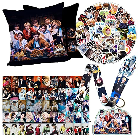 HAWMI Stray Kids Merch Stray Kids Fanartikel Set 1 Stray Kids Pillow Case 1 Stray Kids Schlüsselband 1 Stray Kids Schlüsselband 50 Stray Kids Aufkleber 55 Stray Kids Lomo Karten, colorful