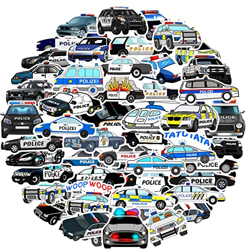 MARSFORCE Cartoon Polizeiauto Aufkleber, Polizeiwagen Wasserdicht Vinyl Stickers für Laptop Wasserflaschen Skateboard Gepäck Fahrrad Gitarre PS4 Koffer Tagesbuch Scrapbook Handy Pad [50 Stück]