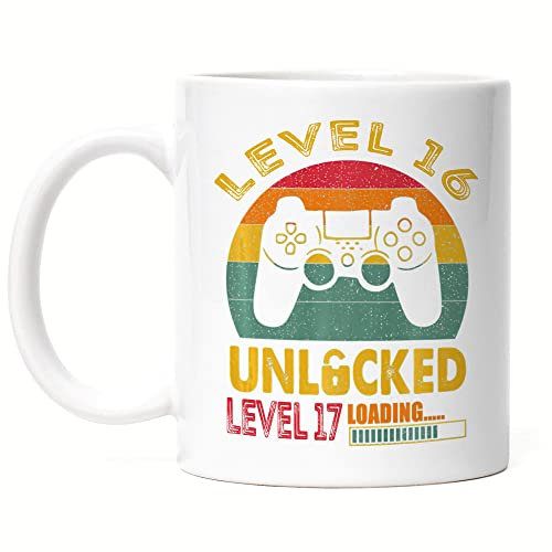 Hey!Print Level 16 Unlocked Level 17 Loading Tasse Weiß 16. Geburtstag Konsole Happy Birthday Controller Gamepad Spiel