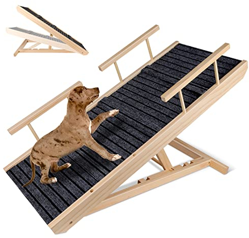 ZNM Rampe pour Chien en Bois, Rampe pour Animal de Compagnie avec 4 Hauteurs Réglables et Tapis antidérapant, Escalier pour Chien Pliable de Voiture Grand, 84L x 40W x 60H cm