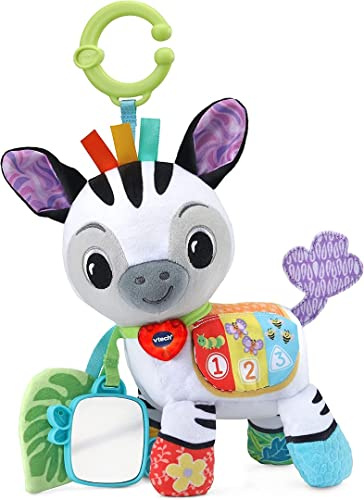 VTech Baby On-the-Go Soft Zebra, English | Soft zebra with sounds, textures, crinkle leaf, mirror and glowing light; buttons teach colours and numbers. Ages 3-24 months