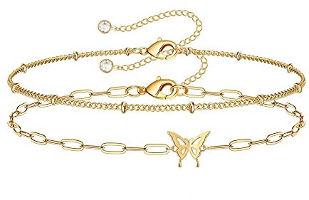 TINGN Gold Mehrreihige Schmetterling Armband für Damen, 14 Karat Gold Gefüllt Büroklammer Gliederketten Armbänder Personalisierte Schmetterlings Armband für Damen Schmuck(Perlenkette & Schmetterling)