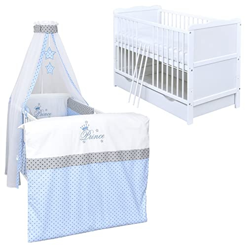 Generisch Baby Delux Babybett Komplett Set Kinderbett umbaubar zum Juniorbett 140x70 weiß Schublade Matratze Bettset mehrteilig (Prince Stars)