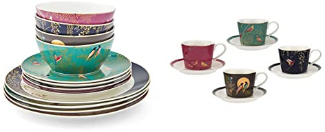 Sara Miller SMC79243-XD London Chelsea Collection 12 Piece Tableware Set, Porcelain, Gold,White & SMC79194-XG London Chelsea Collection 4 fl oz Espresso Cups & Saucers Set of 4, Porcelain
