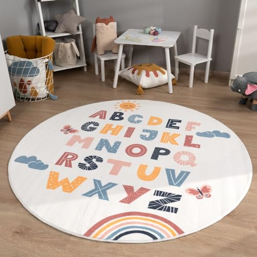 TT Home Kinderzimmerteppich Teppich Junge Mädchen Kinderteppich Baby Herzen Pastell, Farbe:Rosa Blau Gelb, Größe:120 cm Rund
