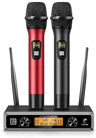 TONOR Microfono wireless UHF professionale dinamico doppio microfono senza fili, sistema di microfono a mano, set per karaoke, feste, DJ, chiesa, matrimonio, riunione, 60 metri, TW820, Nero e Rosso
