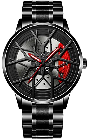 ZFVEN Autoraduhr, stereoskopisch, hohl, für Männer, Sportuhren, modisch, Armbanduhr, für Autoliebhaber, Felgennabe, wasserdicht, Rot B, Armband