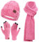 Damen Winter Warm Beanie Mütze Touchscreen Handschuhe und Lang Schal Set mit Fleece Gefütterte, Thermo Wintermütze Strickmütze Schals Winterhandschuhe Strickhandschuhe Frauen Geschenk, Rosa Rot