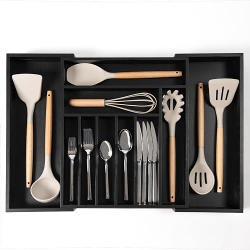 KitchenEdge Organiseur d'argenterie, de couverts et d'ustensiles de qualité supérieure pour tiroirs de cuisine, extensible de 38,1 à 63,5 cm de large, 10 compartiments, finition noire de qualité