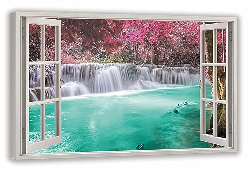 HUBDECO Leinwandbild Fensterblick Wasserfall Thailand Bild 120x80 cm - Landschaftsbilder auf Leinwand - Wandbilder Wohnzimmer - Bild Fenster mit Ausblick - Aesthetic Room Decor - Wanddeko Schlafzimmer