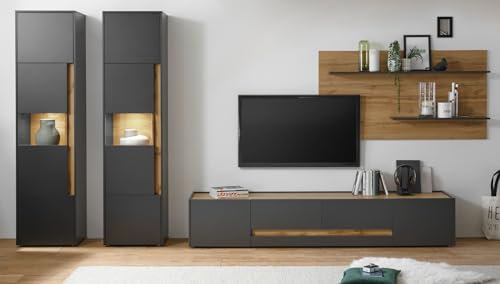 Furn.Design Wohnwand Wohnzimmer in grau matt und Eiche Wotan Holz Schrankwand mit TV Unterteil, Wandregal Set 2 teilig 300 x 180 cm Center (Set 3)
