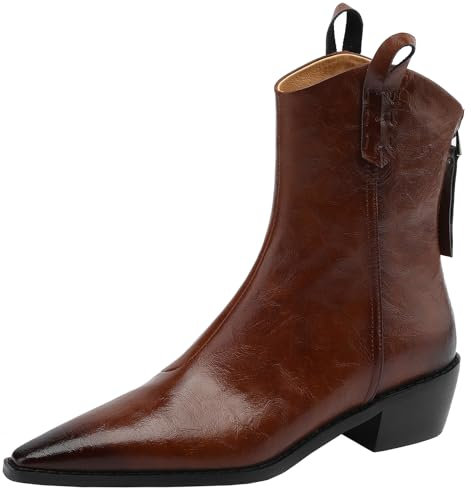 CUTEHEELS Bottines d'hiver en cuir véritable pour femme avec bout pointu et talon épais / bottes de cowboy western avec fermeture éclair à l'arrière, marron, 38 EU