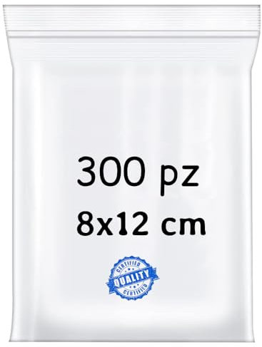 BUY SAFE - Sacchetti Plastica Richiudibili, Sacchetti Ermetici per Alimenti, Vestiti e Oggetti con Chiusura a Cerniera, Buste Trasparenti Richiudibili Resistenti e Riutilizzabili, 8x12-300 Pz