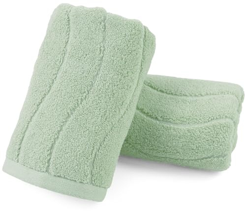 Paquete de 2 Toallas de Mano, Color Verde Claro, onduladas, a Rayas, para baño, 100% algodón Natural, Suaves, absorbentes, Decorativas, 13 x 29 Pulgadas