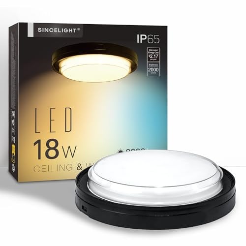 SINCELIGHT IP65 LED Außenwandleuchten Φ222mm, Decken- oder Wandmontage, 18W, 2000lm, Wasserdicht für den Innen- oder Außenbereich, Farbe umschaltbar von warmweiß auf kaltweiß