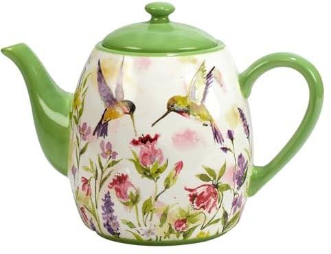 Hummingbirds Ceramic Teapot, 40 oz – Watercolor Floral Bird Design with Lid, Dishwasher & Microwave Safe, Whimsical Tea Pot for Loose Leaf & Bagged Tea, Great for Garden or Bird Lovers