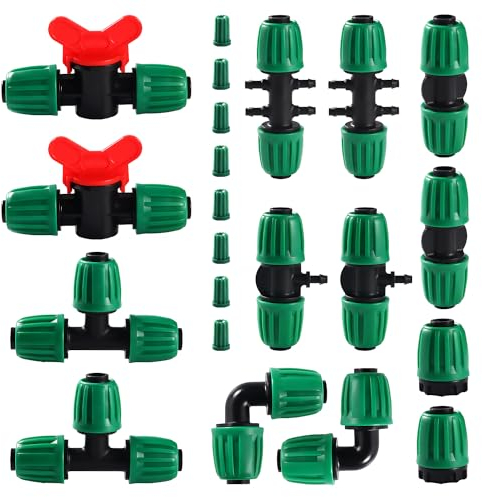 VooGenzek 22 Pezzi Kit di Raccordi per Irrigazione per Tubi per Tubo 13/16 mm a 4/7 mm, Irrigazione Connettori, con Valvole di Commutazione, Tee, Gomiti, 6 Vie, Diritti, Tappi Terminali, Verde