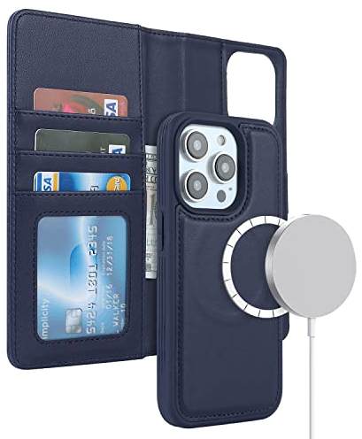 ELTEKER Hülle für iPhone 14 Pro, Abnehmbare Magnetische, Kabelloses Laden, Klapphülle mit Kartenfach, Schutzhülle Leder, Blau