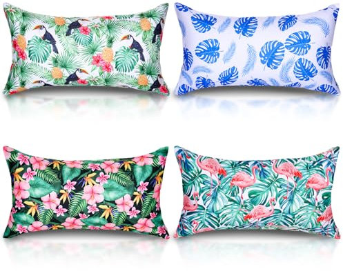 Hollowfly 4 Pcs Inflatable Beach Pillow Portable Blow up Travel Camping Pillows with Covers for Hawaii Summer Pool Travel Vacations(Tropical Leaves)