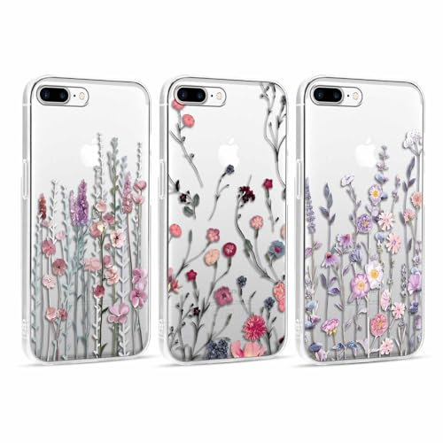 Foonary 3 Stück Hülle für Apple iPhone 7 Plus 5,5, Handyhülle mit Muster Mädchen Aesthetic Blumen Muster Motiv Design Case, Silikon Schutzhülle Cover für iPhone 7 Plus,Blumen01