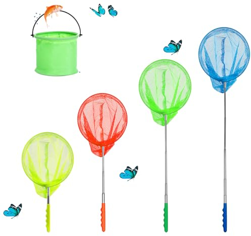 KAKOO 5TLG Teleskop Kescher Kinder Fische Angeln Kescher Pool Fischernetz Schmetterlingsnetz Fischkescher Casher Kinder mit Teleskopstange Gartenaktivitäten Natur Wissenschaft Exploration Werkzeug