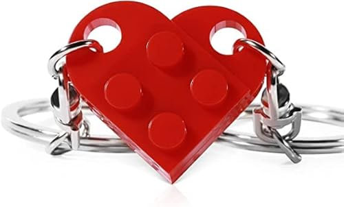 Porte-clés en forme de cœur avec 2 briques assorties pour couples, porte-clés en forme de cœur Lego pour petite amie, petit ami/cadeau d'amitié, Rouge, M